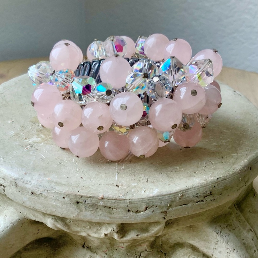 Vintage Cha Cha Expansion Bracelet, Pink Beads and Aurora Borealis Crystals
